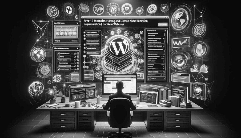 Black and white image of a web developer's workspace with a person seated in front of a computer, surrounded by an array of glowing digital screens and graphics symbolising web technologies and analytics. The screens display various web development tools and statistics, with a prominent WordPress logo at the center, highlighting the focus on website management and optimisation.