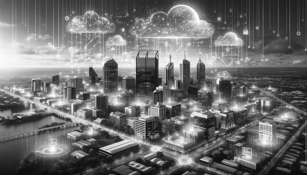 Monochrome digital artwork of Bendigo’s cityscape with futuristic overtones, featuring digital icons and symbols representing online business tools and connectivity floating above the skyline. The landscape is illuminated with a network of glowing lines and interfaces, suggesting a dynamic, interconnected digital ecosystem.
