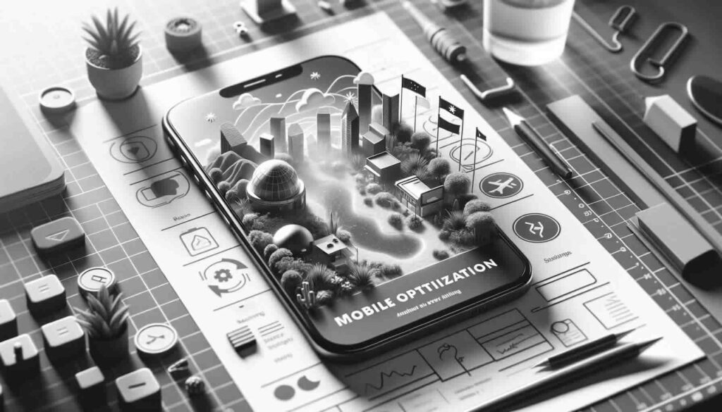 A monochrome image of a smartphone lying on a designer's workspace, its screen displaying a 3D cityscape representing mobile optimisation. Various design and planning tools are neatly arranged around the phone, symbolizing the meticulous process of optimising web content for mobile users.