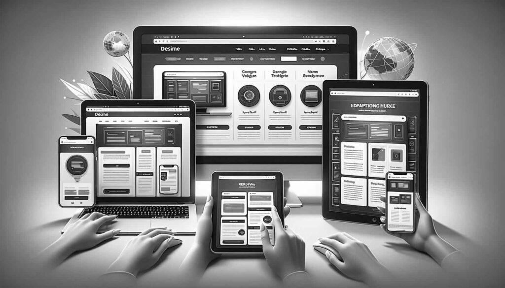 An array of digital devices including a desktop monitor, laptop, tablet, and smartphone, each displaying a matching web design template, illustrating the responsive and adaptable nature of the templates across different screen sizes. The devices are arranged to focus attention on the screens, which show a professional layout with cohesive design elements. Human hands are interacting with the tablet and smartphone, suggesting the templates' user-friendly interface.